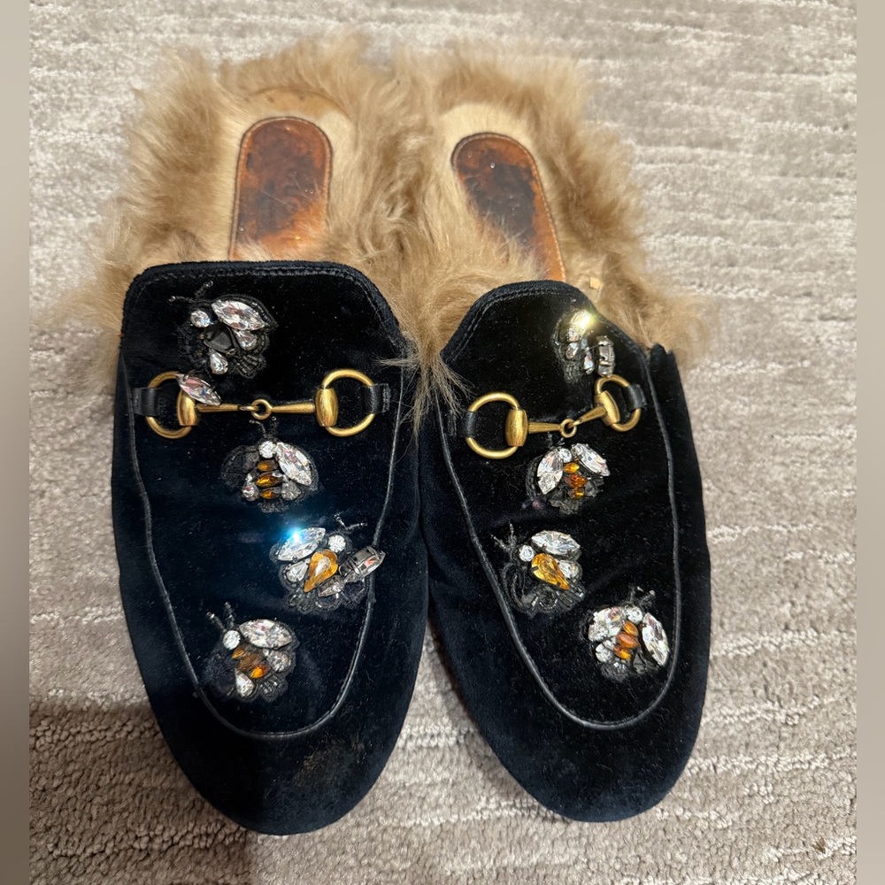 Gucci Black Velvet Crystal Bee Fur-Trim Princetown Mules